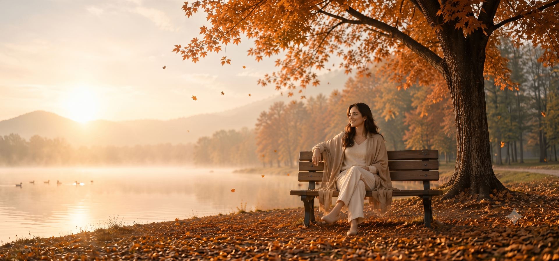 Woman sitting on a bench by a peaceful autumn lake at sunrise